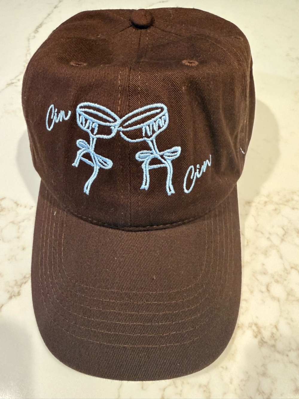 Anthropologie Brown Baseball Cap with Light Blue Embroidery